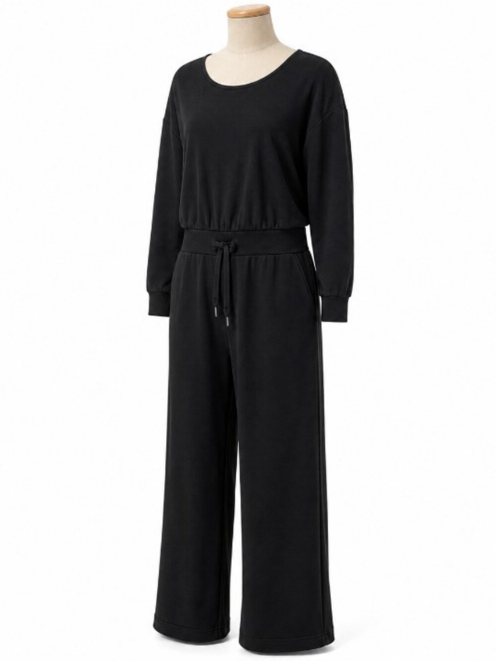 SPANX Air Essentials Jumpsuit Womens L Petite Black Wide Leg Drawstring Lounge